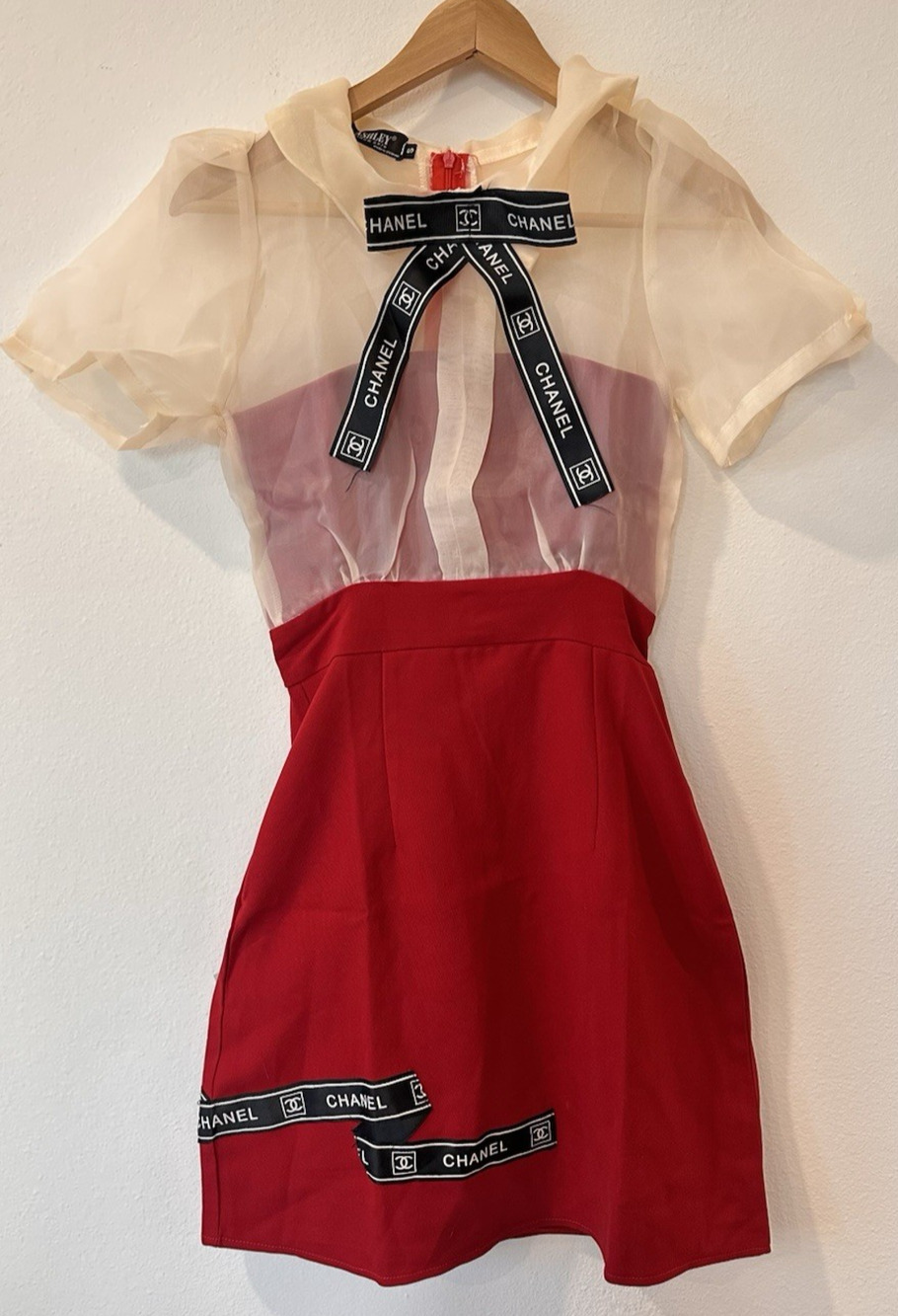 One off- Organza Sheer Puff Sleeve Ashley Mini Dress Red Beige Bow Sz S